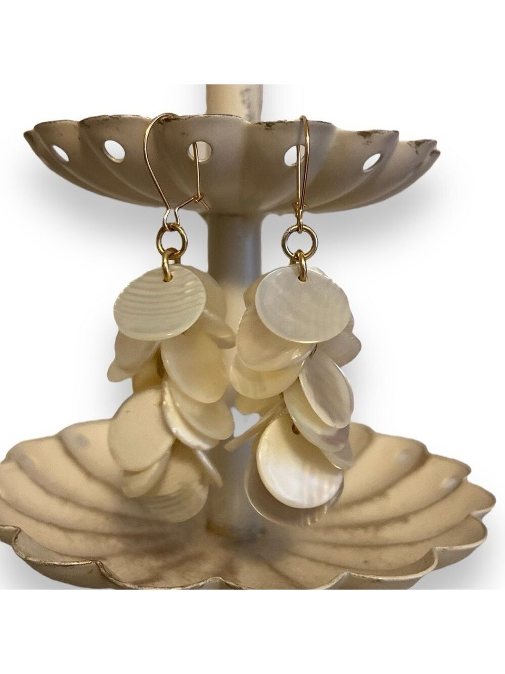 Mother of Pearl Shell Earrings Dangly Light Gold Tone White